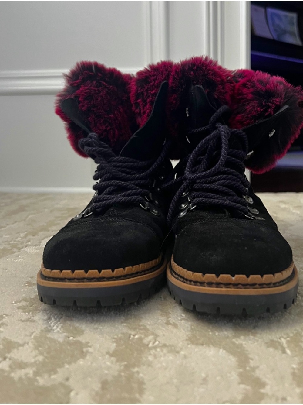 Sam Edelman Black Suede Lace-Up Ankle Boots with Burgundy Fur Collar.